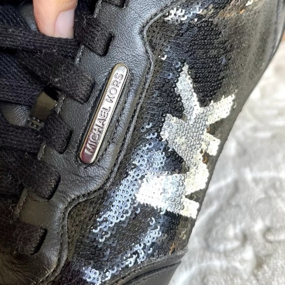 Michael Kors Lace Up Sneakers Sz 6.5M Women Black Sequin Leather Trim Fashion EC - Picture 11 of 13